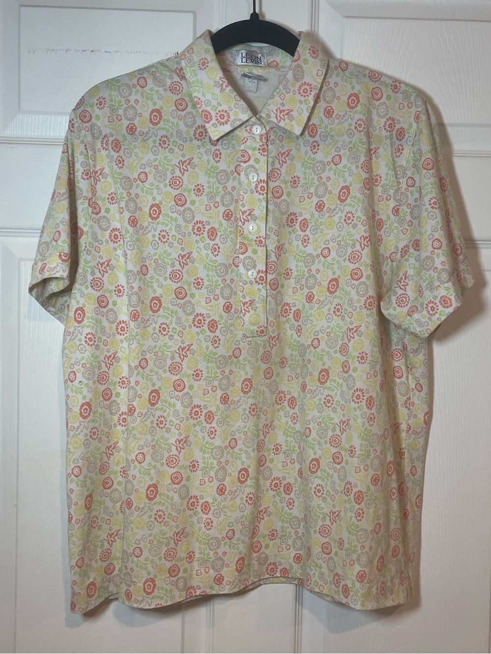 Vintage Leon Levin Polo Pastel Floral Women's XL Short Sleeve Soft Cotton Blend